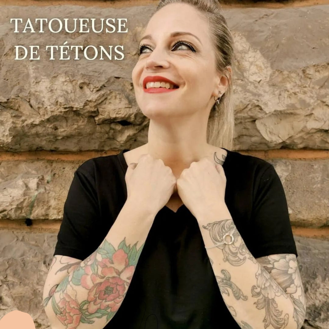 Tatouage de tétons en 3D par Alexia Cassar et tétons amovibles disponible chez Bahan